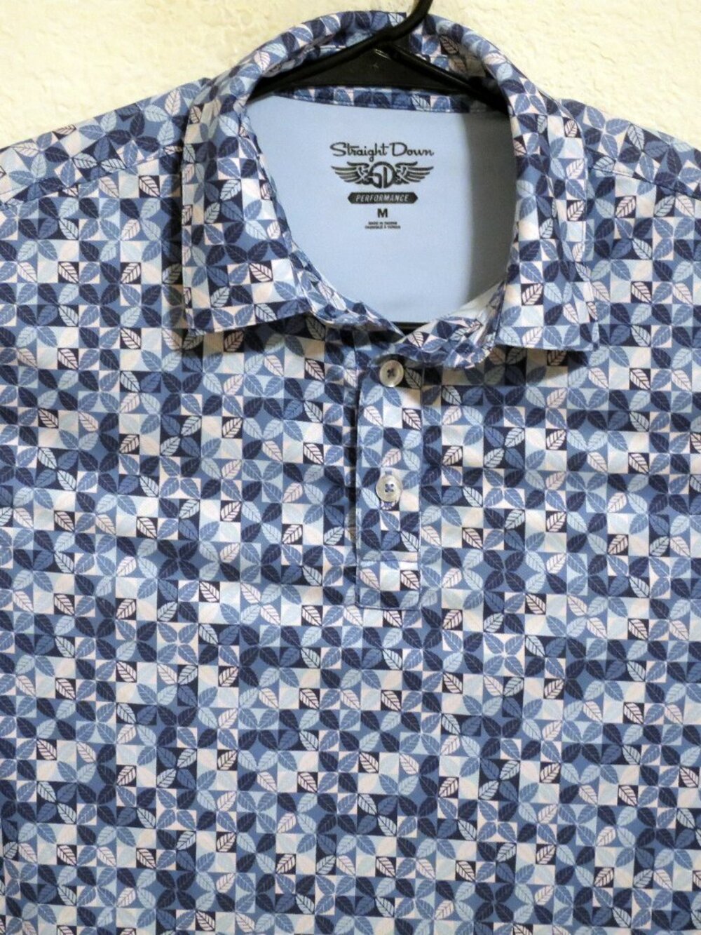 Straight Down Shirt Mens Medium Short Sleeve Golf Performance Polo Blue Leaves
